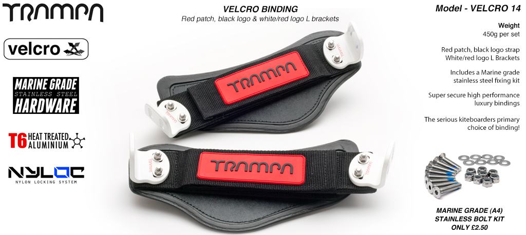 Velcro Bindings - Red base Black logo velcro straps with White L brackets