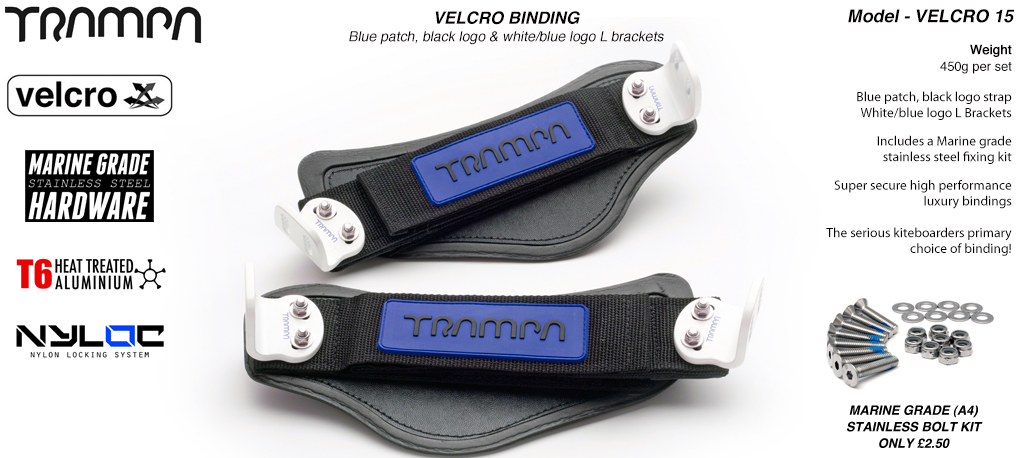 Velcro Bindings - Blue base Black logo velcro straps with White L brackets