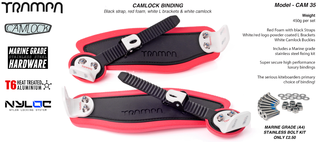 Camlock Bindings - Black Straps on Red Foam, White Red L Bracket and White Camlocks