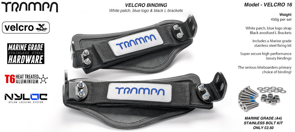 Velcro Bindings - White base Blue logo velcro straps with White L brackets