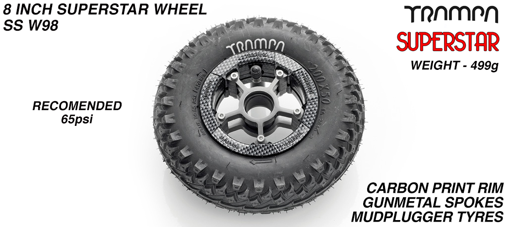 Superstar wheel -  Carbon Rim with Gun Metal Grey Anodised Spokes and Trampa Depp Tyre - 8 inch wheel