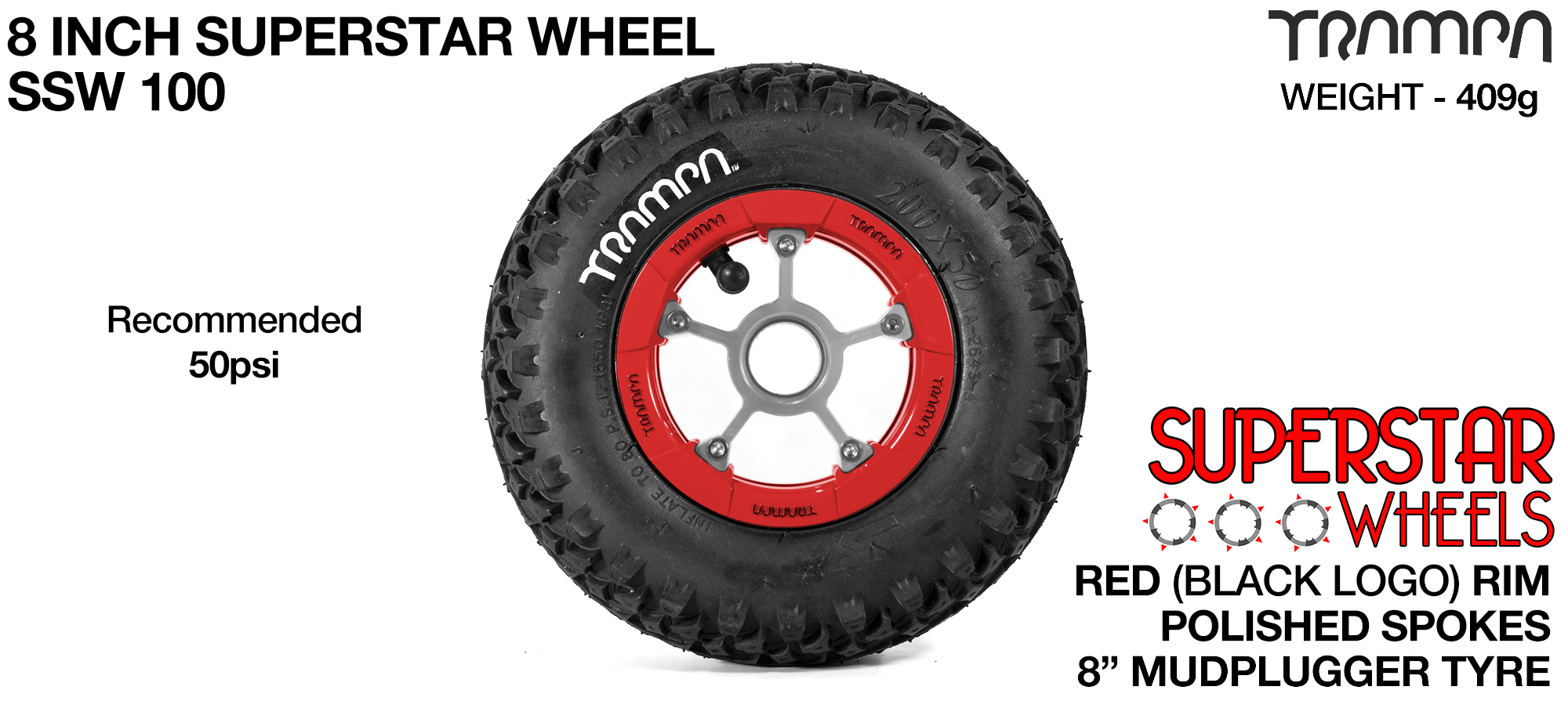 Superstar wheel -  Red Rim with Polished Spokes and Trampa Deep Tyre - 8 inch wheel