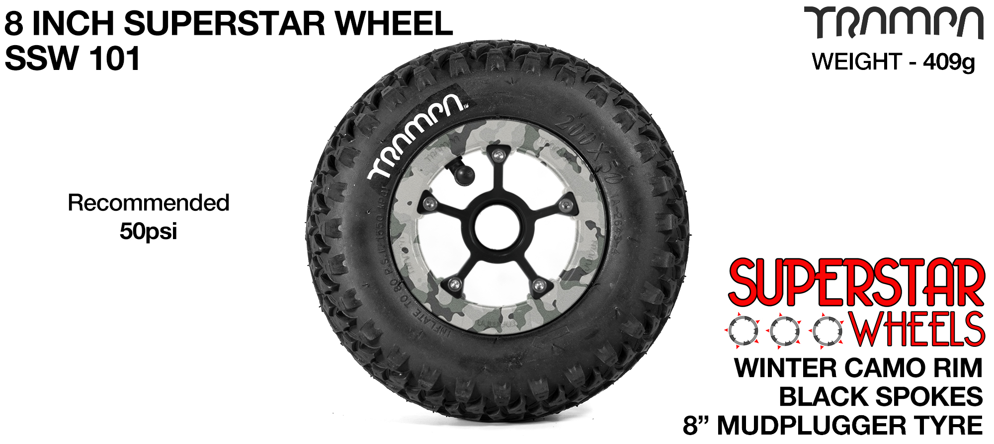 Superstar wheel -  Winter Camo Rim with Gun Metal Grey Anodised Spokes and Trampa Deep Tyre - 8 inch wheel