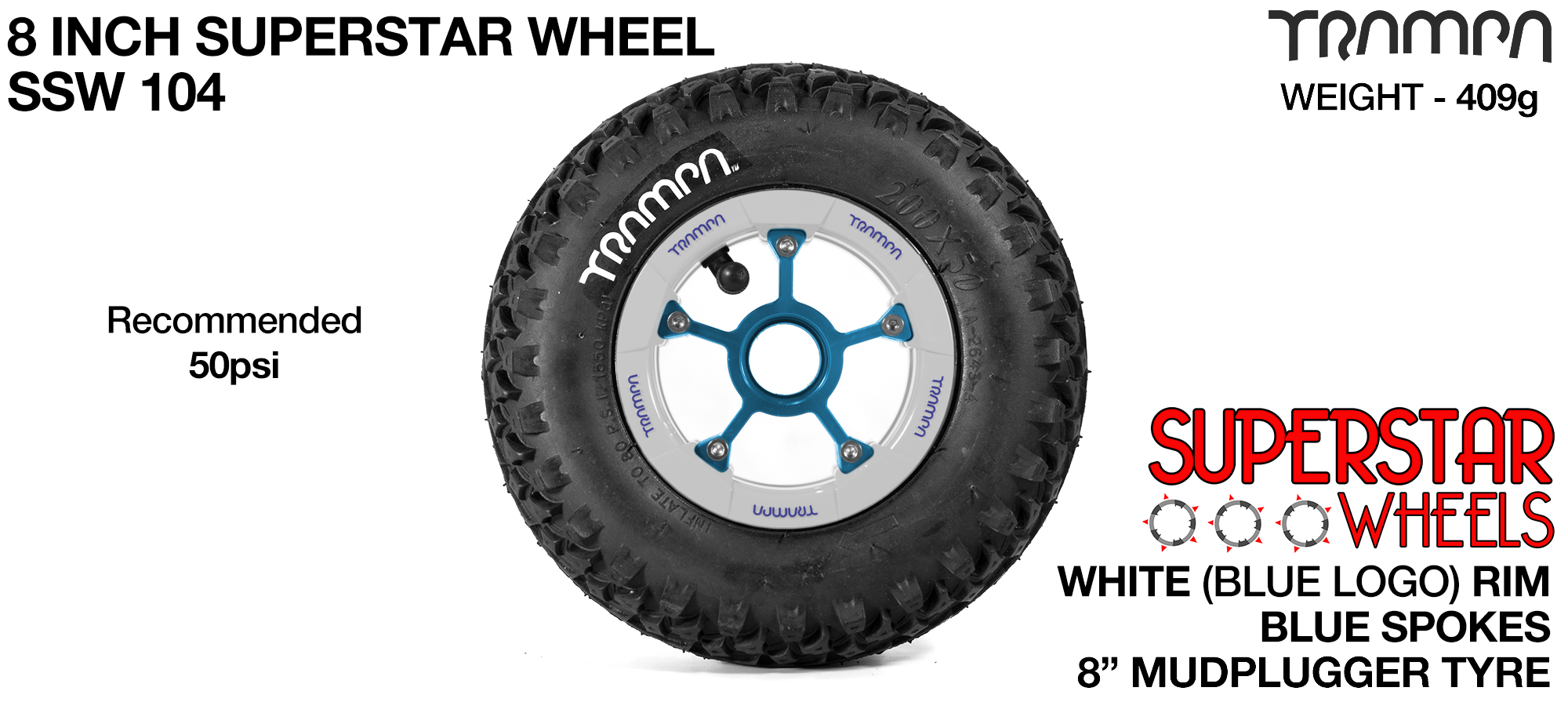 Superstar wheel -  White Rim and Blue Logos with Blue Anodised Spokes and Trampa Deep Tyre - 8 inch wheel