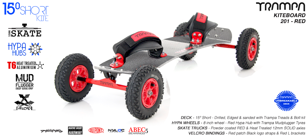 Kiteboard - 15� Short deck on 12mm skate Trucks with 8 Inch HYPA wheels & VELCRO bindings - REd