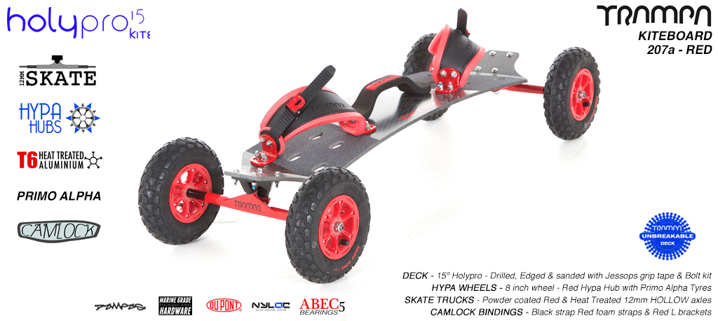 Kiteboard - 15� Short deck on 12mm skate Trucks with 8 Inch HYPA wheels & CAMLOCK bindings - RED