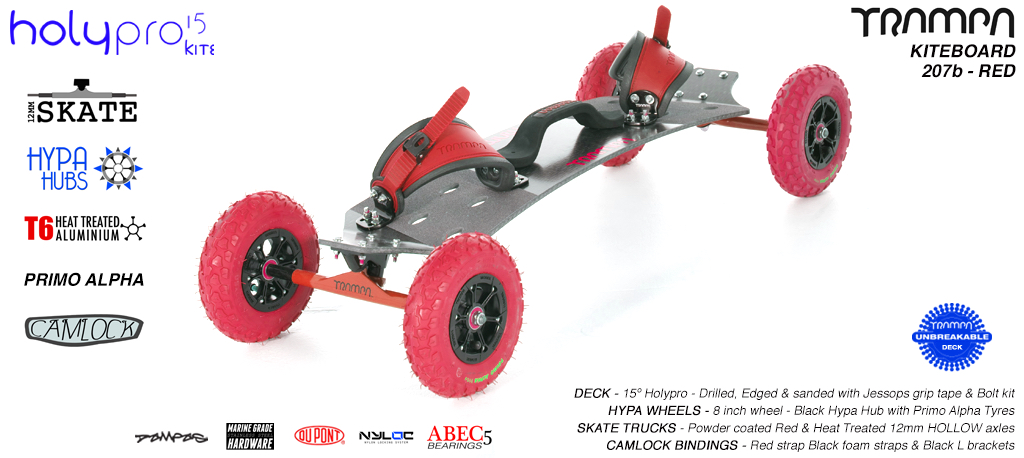 Kiteboard - 15� Short deck on 12mm skate Trucks with 8 Inch HYPA wheels & CAMLOCK bindings - RED