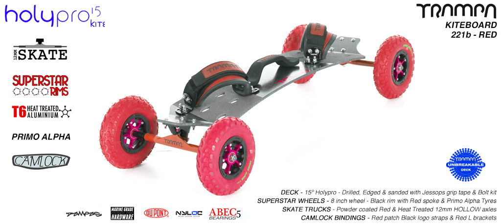 Kiteboard - 15� Short deck on 12mm skate Trucks with 8 Inch SUPERSTAR wheels & LUXURY velcro bindings - RED