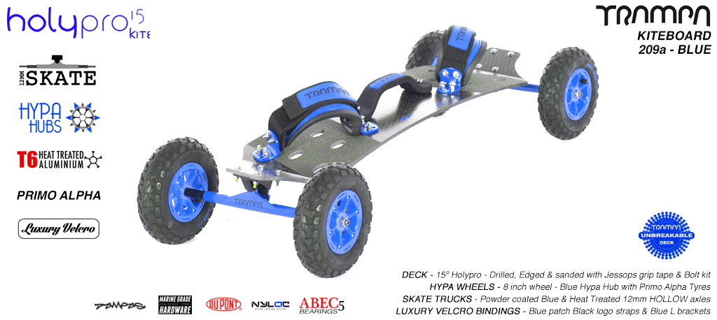 Kiteboard - 15� Short deck on 12mm skate Trucks with 8 Inch HYPA wheels & LUXURY velcro bindings - Blue