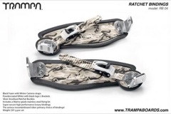 Ratchet Bindings - Winter Cammo on Black Foam with Silver L Bracket and White Ratchets