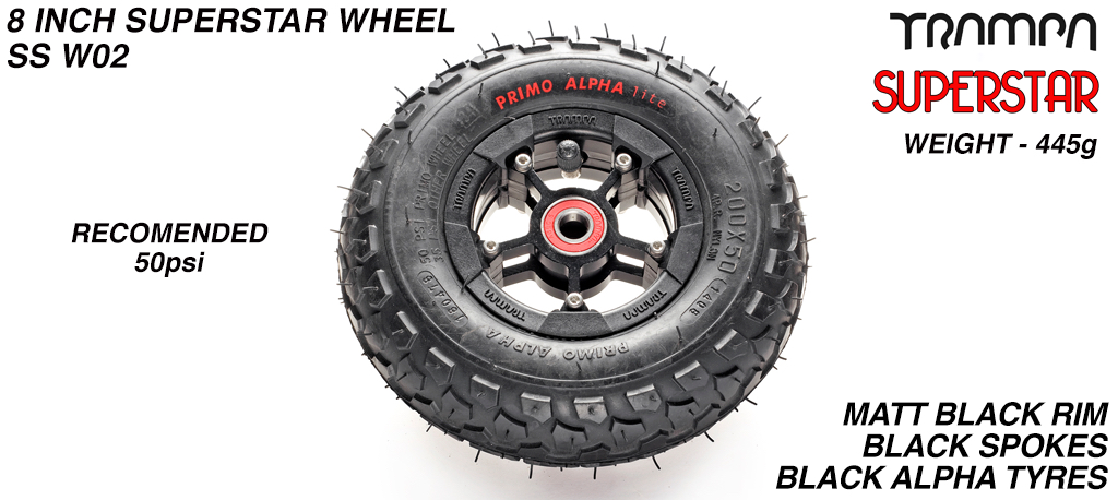 Superstar wheel -  Black Rim with Black Anodised Spokes and Black Alpha tyreBearings are just �10 if purchased with a wheel set: Bearings are just �10 if purchased with a wheel set