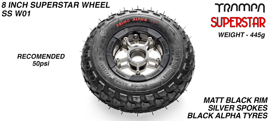 Superstar Wheel - Matt Black Rim with Silver Anodised Spokes and Black Alpha Tyre - 8 inch wheel
