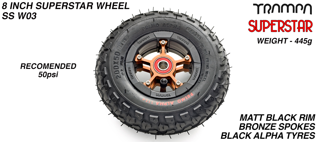 Superstar wheel - Black Rim with Bronze Anodised spokes and Black Alpha tyre - 8 inch wheel
