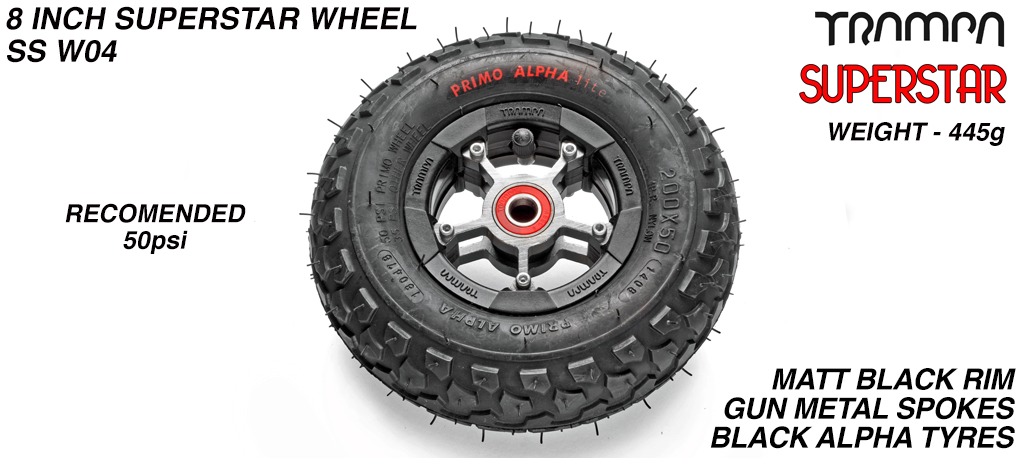 Superstar wheel - Black Rim with Gunmetal Anodised spokes and Black Alpha tyre - 8 inch wheels