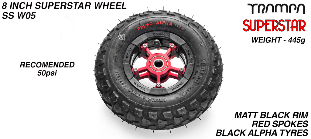 Superstar wheel - Matt Black Rim with Red Anodised spokes and Black Alpha Tyre - 8 inch wheel