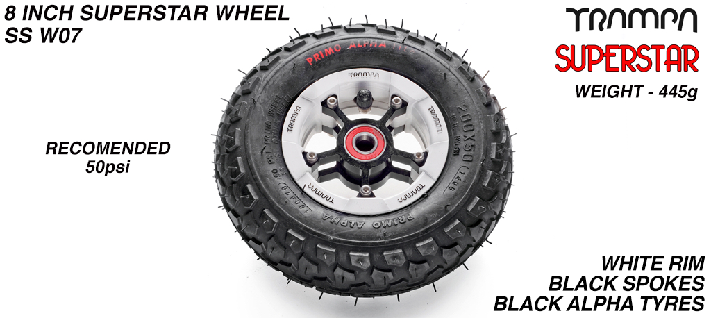 Superstar wheel - White Gloss Rim with Black Anodised Spokes and Black Alpha tyre - 8 inch wheel