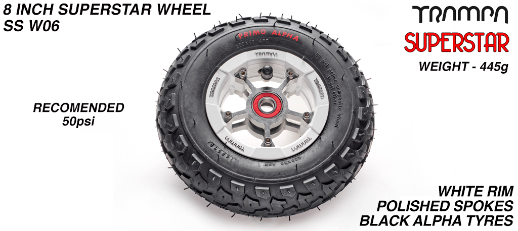 Superstar wheel - White Gloss Rim with Silver Anodised spokes and Black Alpha tyre - 8 inch wheel