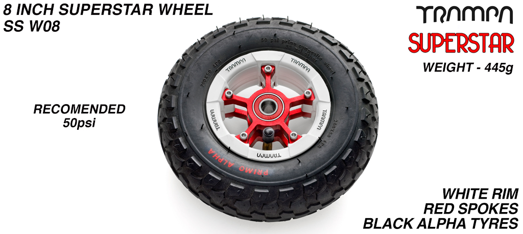 Superstar wheel - White Gloss Rim with Red Anodised spokes and Black Alpha tyre - 8 inch