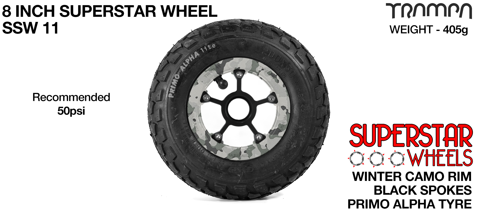 Superstar wheel - Winter Cammo Rim with Black Anodised spokes and Black Alpha tyre