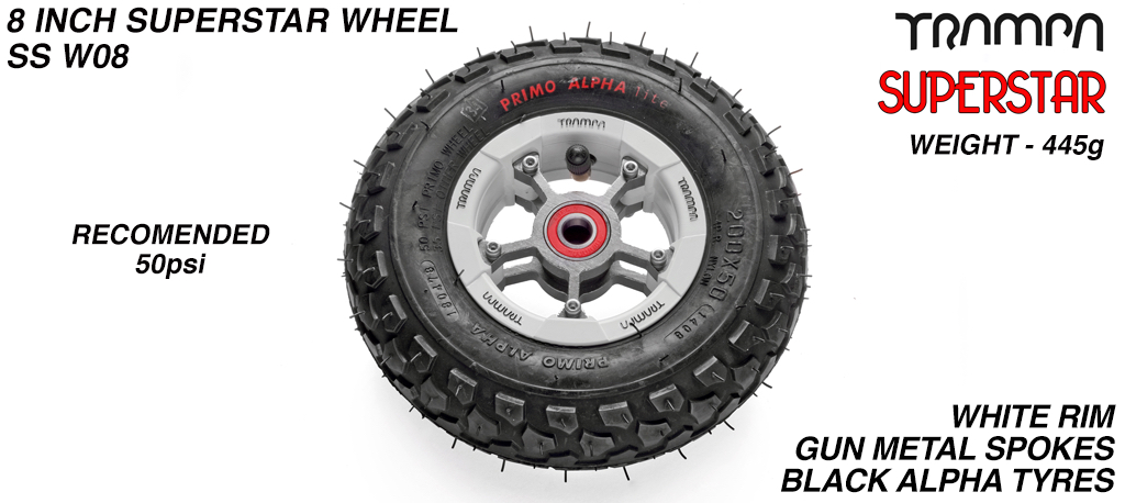 Superstar wheel - White Gloss Rim with Gunmetal Anodised spokes and Black Alpha tyre - 8 inch wheel