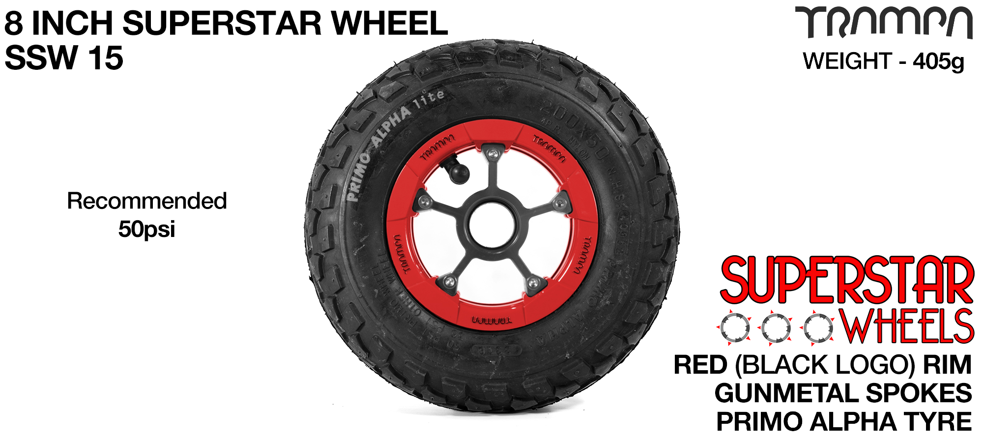 Superstar wheel - Red Gloss Rim with Gunmetal Anodised spokes and Black Alpha tyre