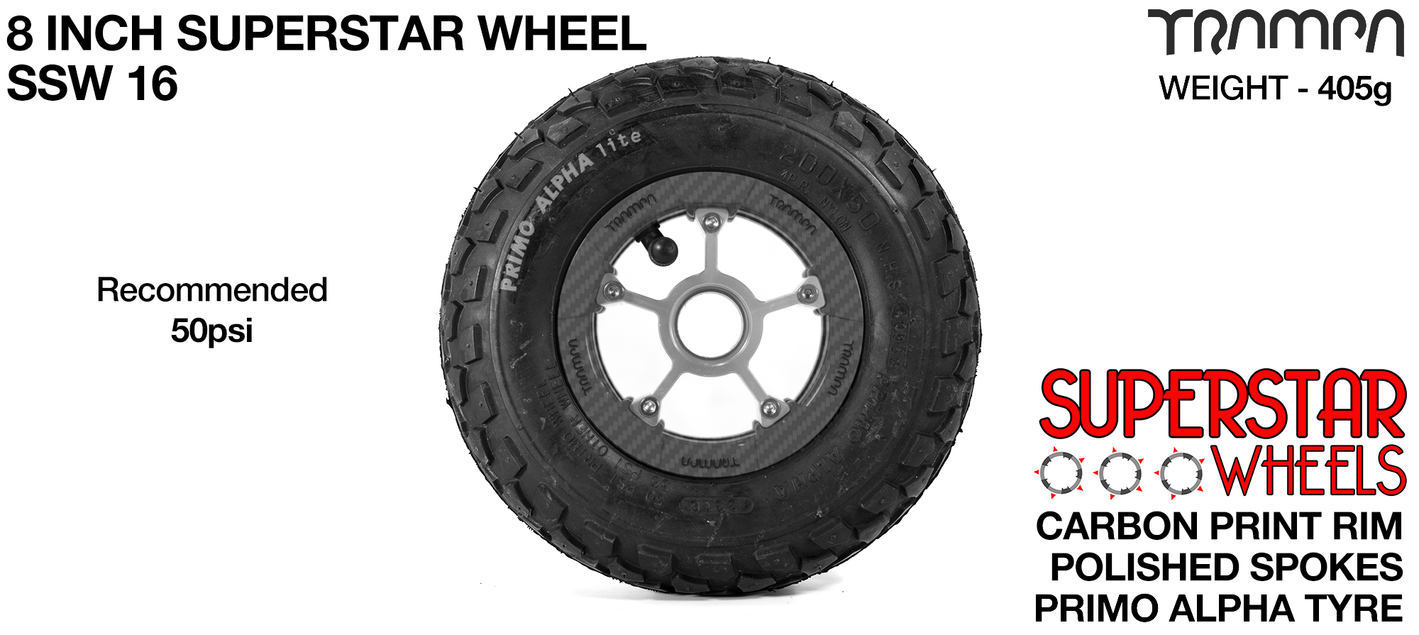 Superstar wheel - Carbon fiber print Rim with Silver Anodised spokes and Black Alpha Tyre