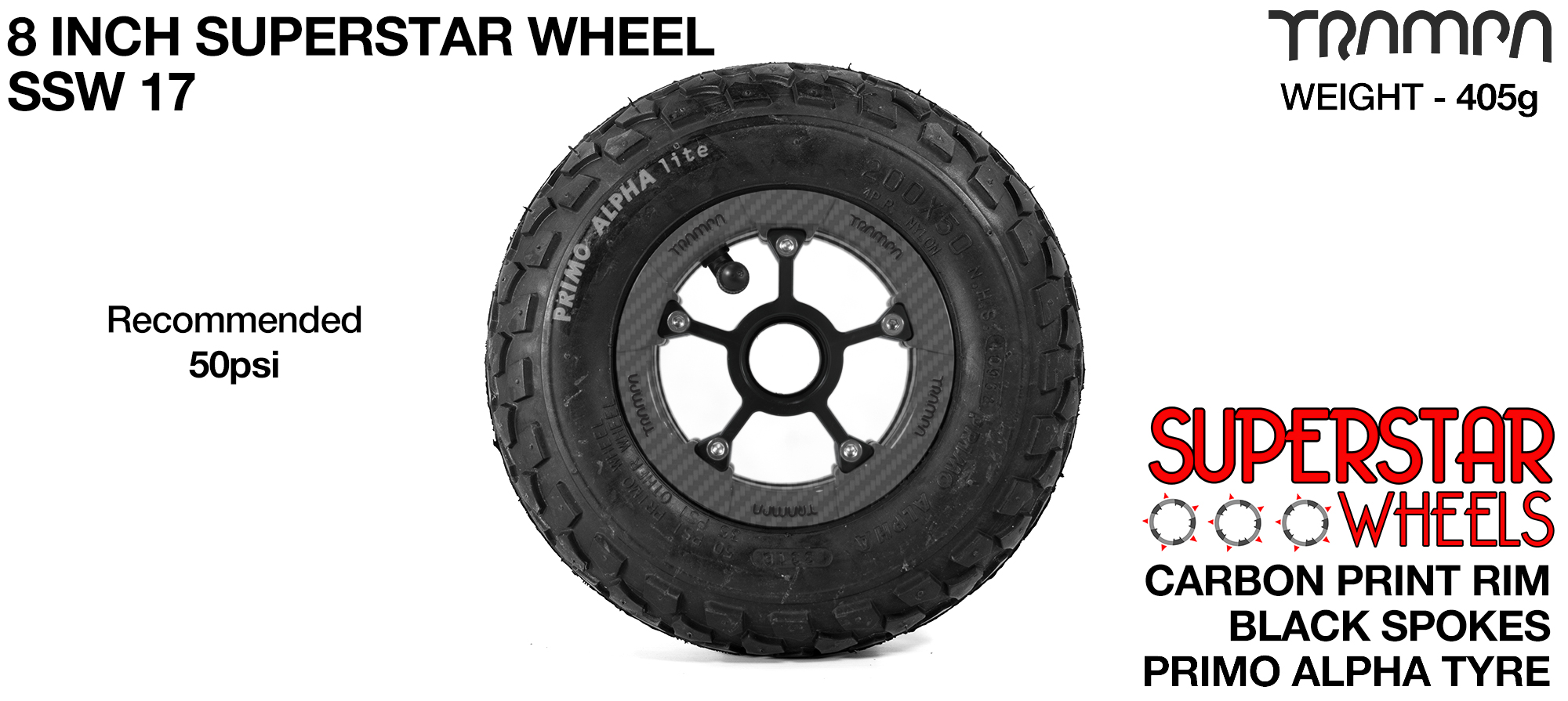 Superstar wheel - Carbon print Rim with Black Anodised spokes and Black Alpha tyre