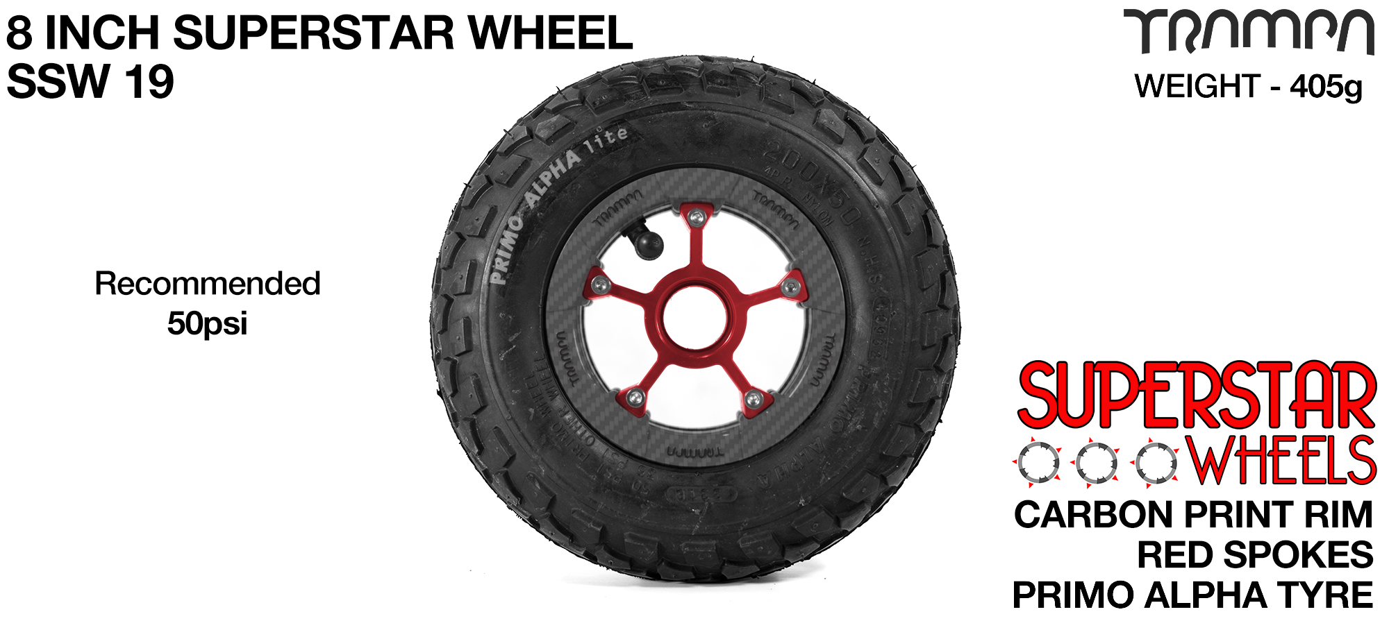 Superstar wheel - Carbon Rim with Red Anodised spokes and Black Alpha Tyre