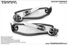 Ratchet Bindings - White Straps on Black Foam with Black L Brackets and Silver Ratchets