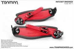 Ratchet Bindings - Red Straps on black foam with Black L brackets and Red Ratchets