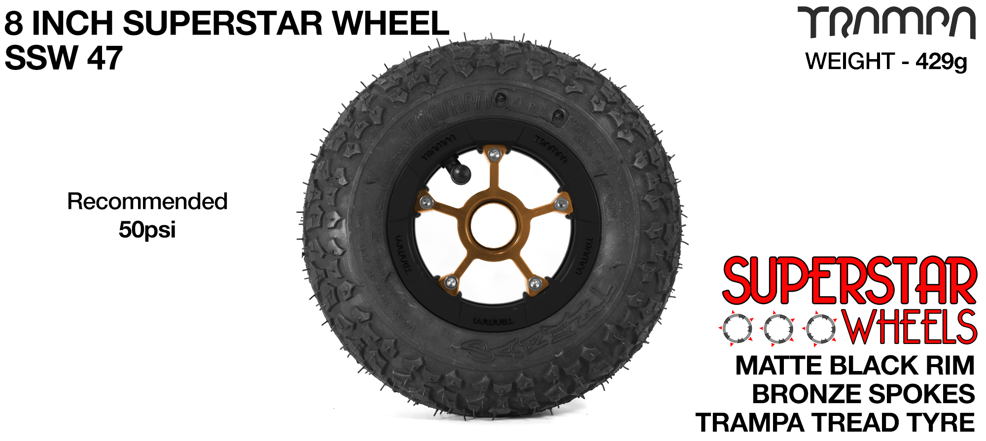 Matt Black Rim with Bronze Anodised spokes and Black Trampa tyre - 8 inch wheel