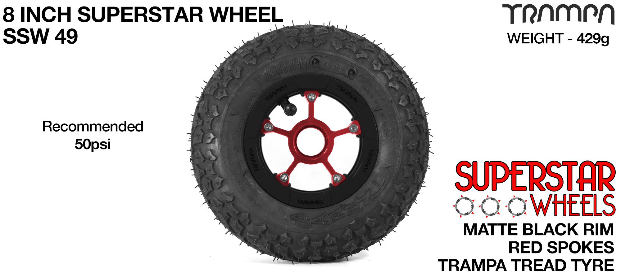 Matt Black Rim with Red Anodised spokes and Black Trampa Tyre