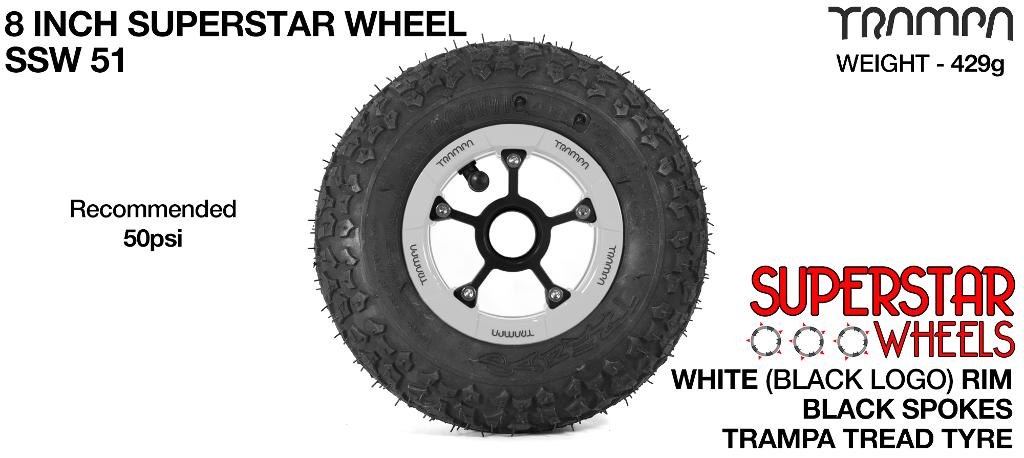 White Gloss Rim with Black Anodised spokes and Black Trampa tyre - 8 inch wheel