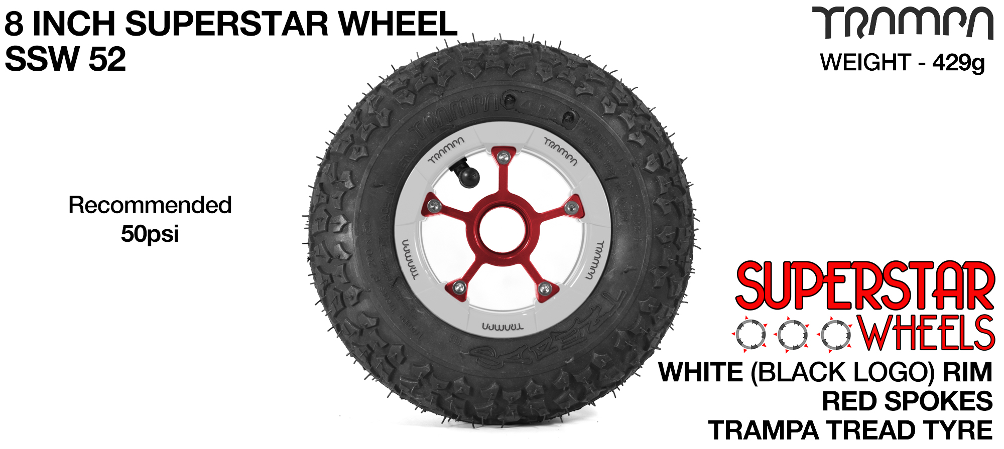 White Gloss Rim with Red Anodised spokes and Black Trampa tyre - 8 inch wheel
