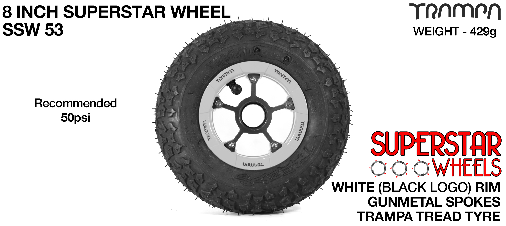 White Gloss Rim with Gunmetal Anodised spokes and Black Trampa tyre - 8 inch wheel