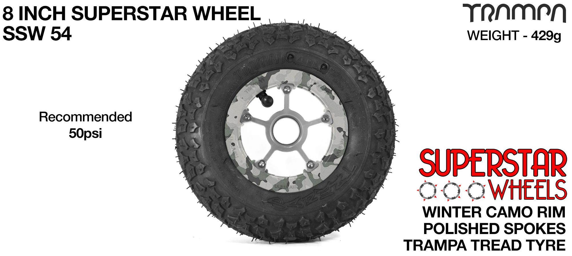Winter Cammo Rim with Silver Anodised spokes and Black Trampa tyre - 8 inch wheel