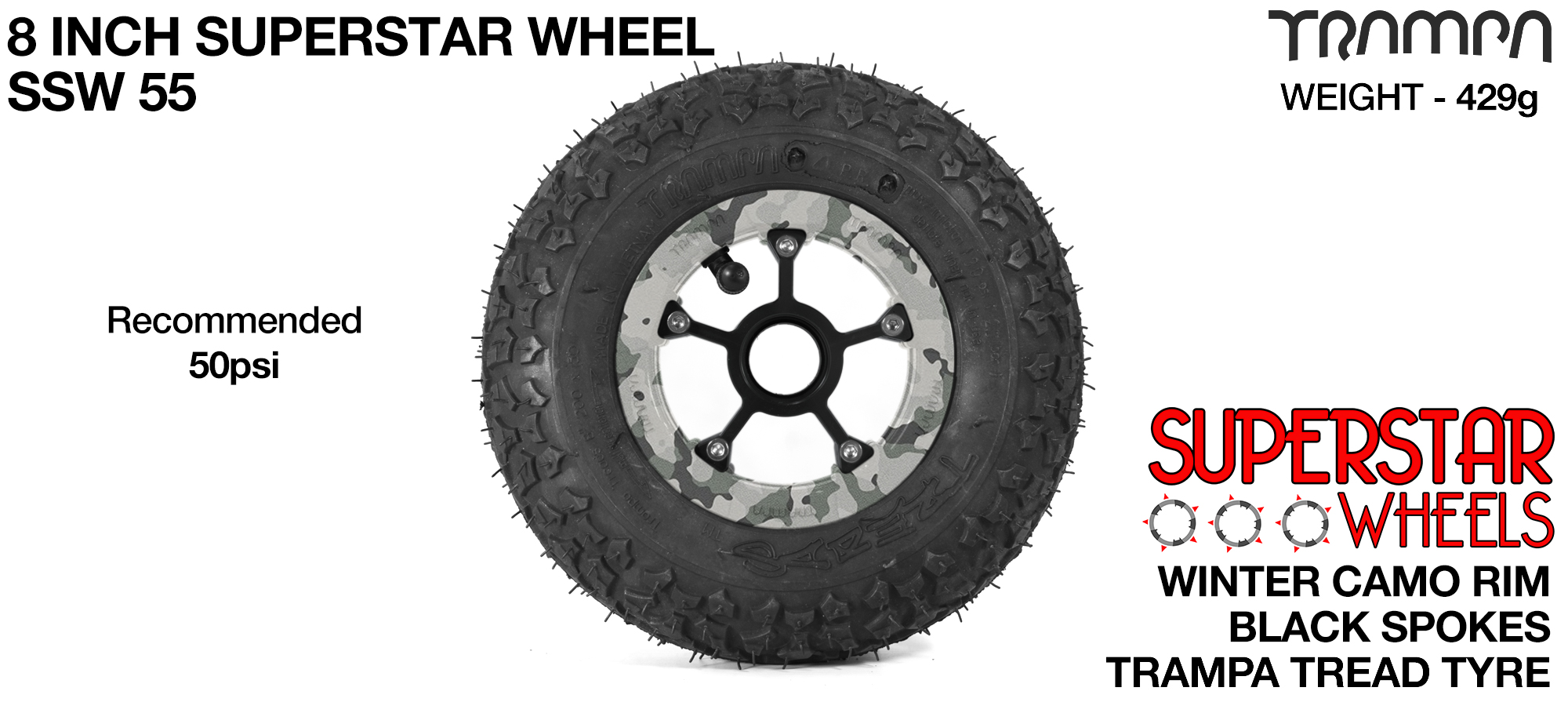 Winter Cammo Rim with Black Anodised spokes and Black Trampa tyre - 8 inch wheel