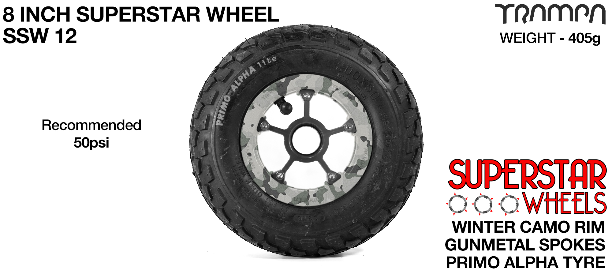 Superstar wheel - Cammo Rim with Gunmetal Anodised spokes and Black Alpha tyre - 8 inch wheel