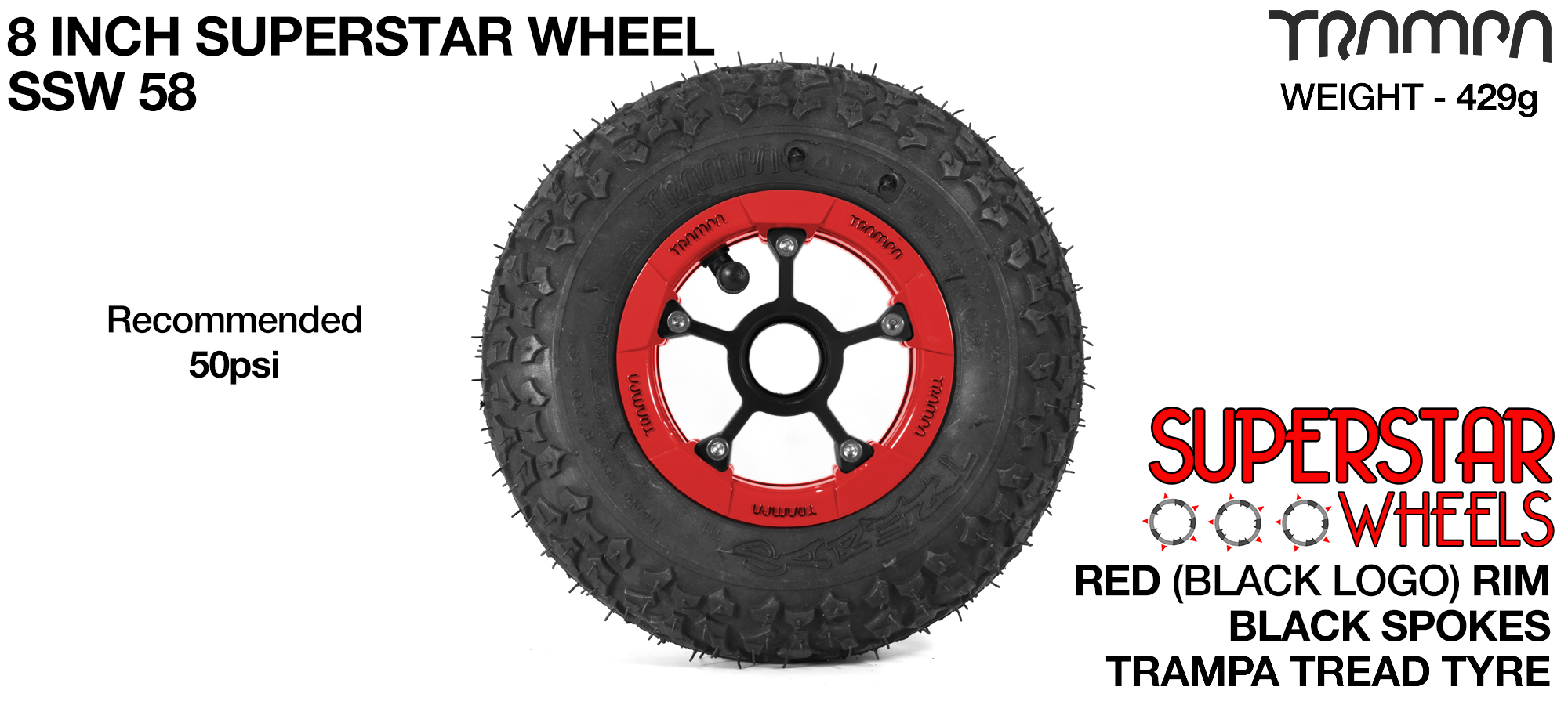 Red Gloss Rim with Black Anodised spokes and Black Trampa tyre - 8 inch wheel