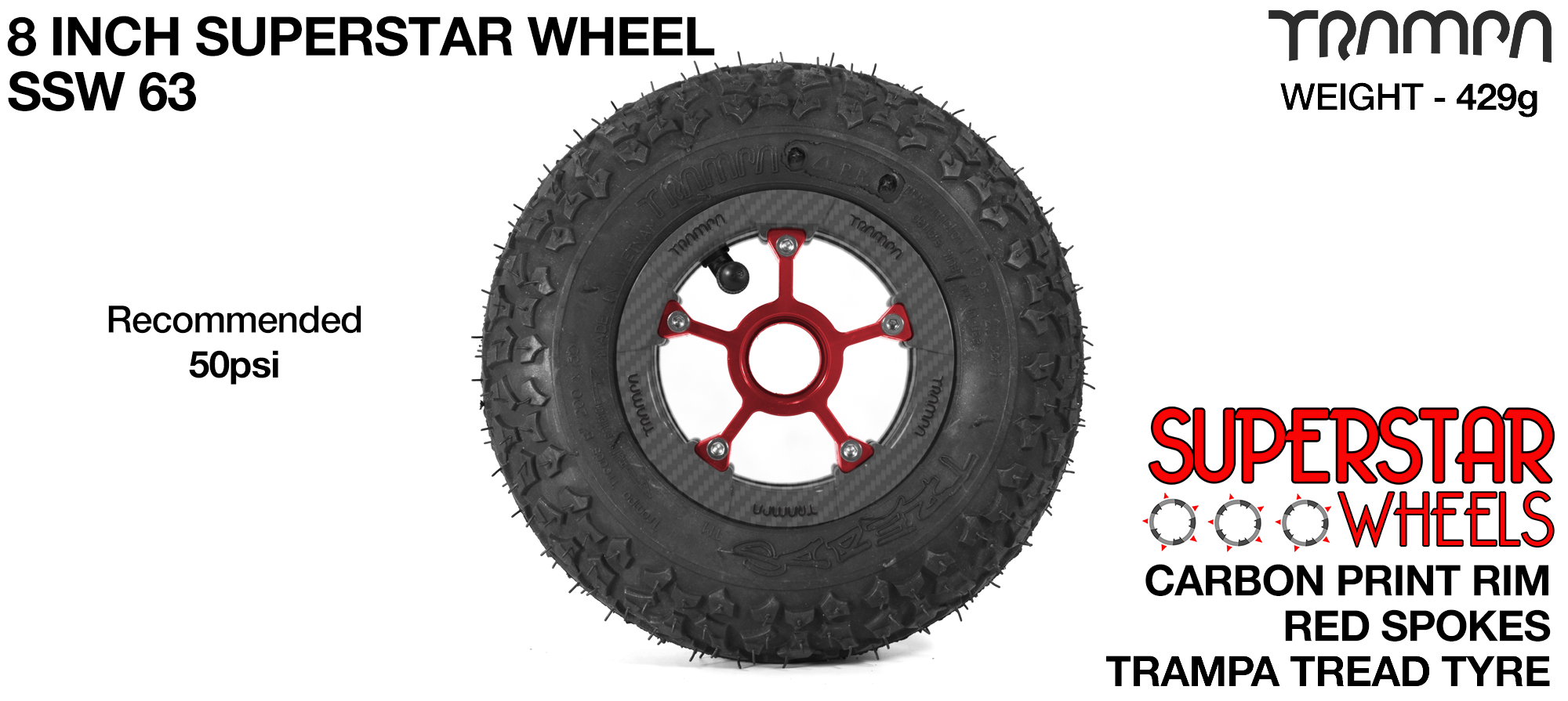 Carbon Rim with Red Anodised spokes and Black Trampa Tyre - 8 inch wheel