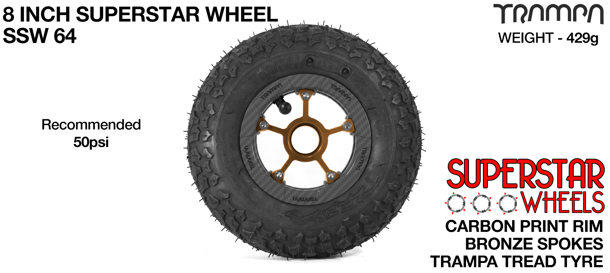 Carbon Rim with Bronze Anodised spokes and Black Trampa tyre - 8 inch wheel