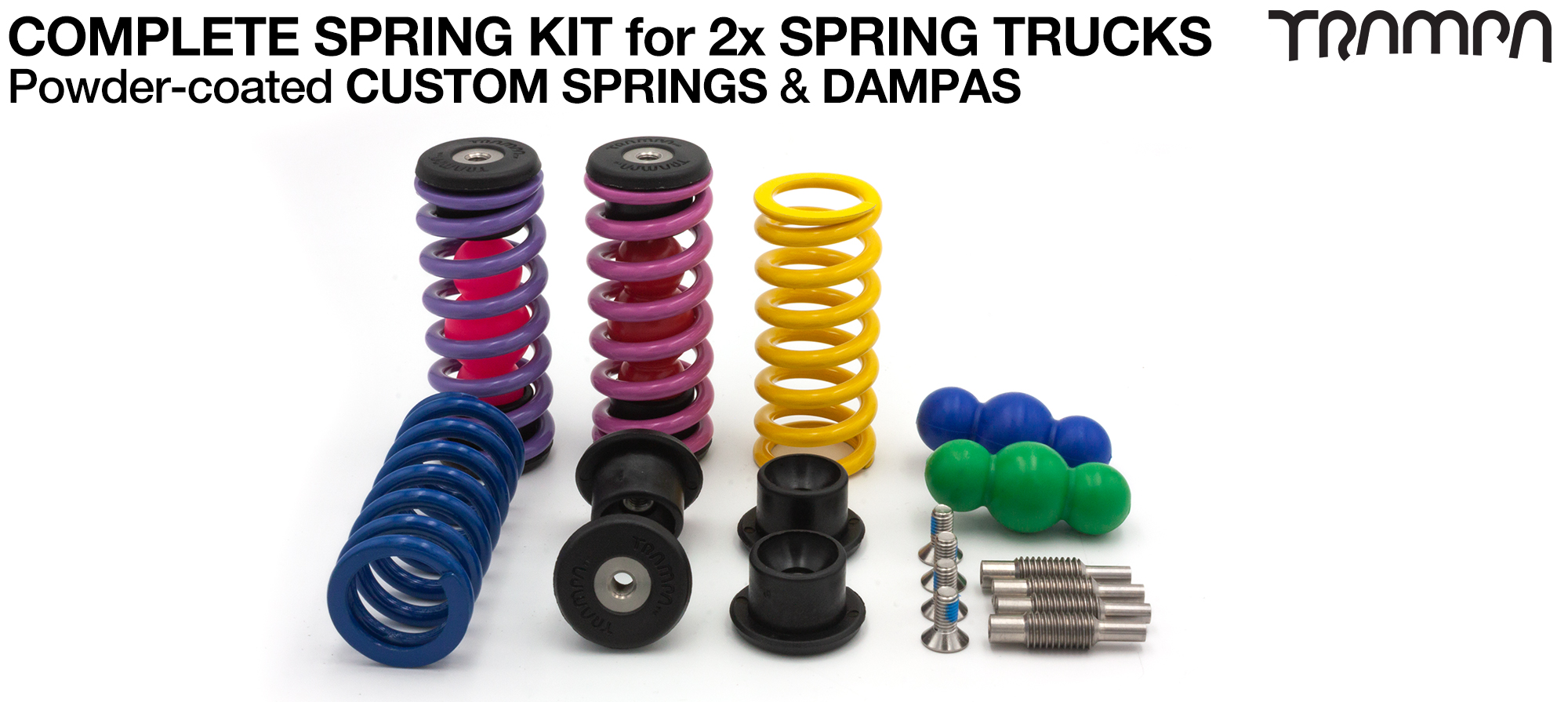4x Red spings, 4x White Dampa's 8x Retainers, 4 adjusters and fixings
