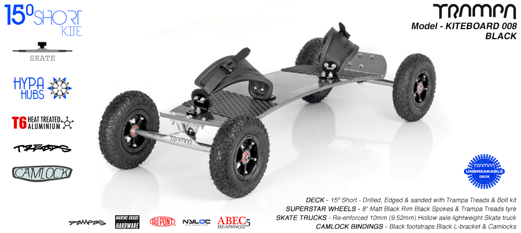 15�s, 10mm hollow skates, Black Superstars hubs, Mint Camlock Bindings Kiteboard