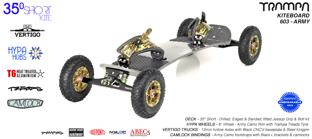 35�s, Vertigo trucks, Army cammo Hypa hubs and Mint Camlocks Kiteboard