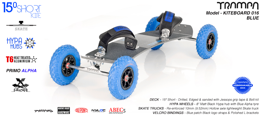 15� Short, 10mm skates, black Hypa, Blue Alpha, Velcro Bindings