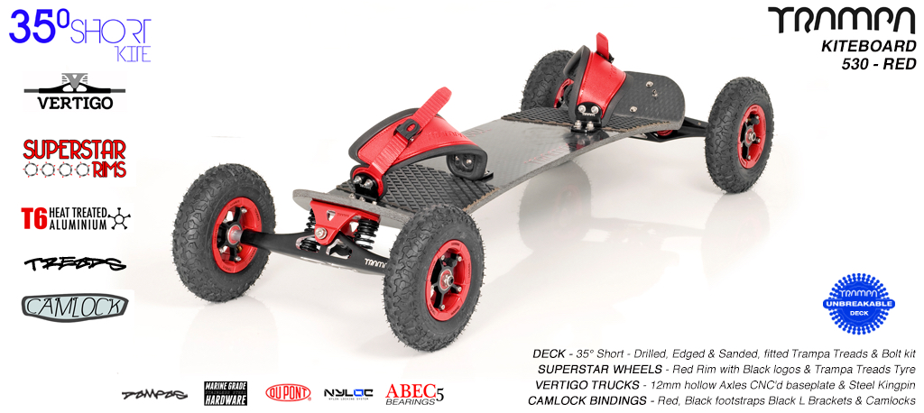 35�s, Red Vertigo Trucks, Red Superstar hubs + Mint Camlock bindings kiteboarding