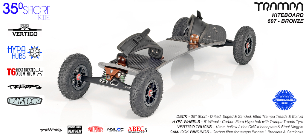 35�s, Bronze Vertigo trucks, Carbon print Hypa hubs, Mint Camlock Bindings