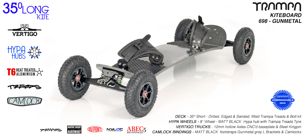 35�L, Gunmetal Vertigo trucks, Carbon print Hypa hubs, Mint Camlock Bindings