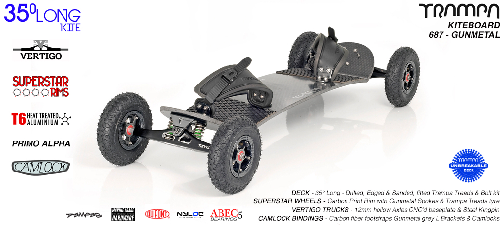 35�L, Gunmetal Vertigo trucks, Carbon SuperStar hubs, Mint Camlock Bindings