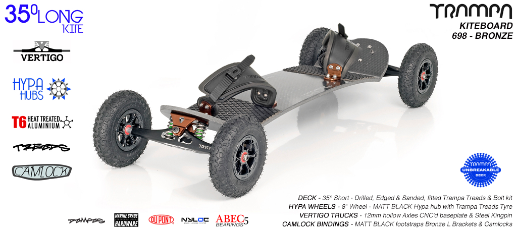 35�L, Bronze Vertigo trucks, Carbon print Hypa hubs, Mint Camlock Bindings kiteboarding